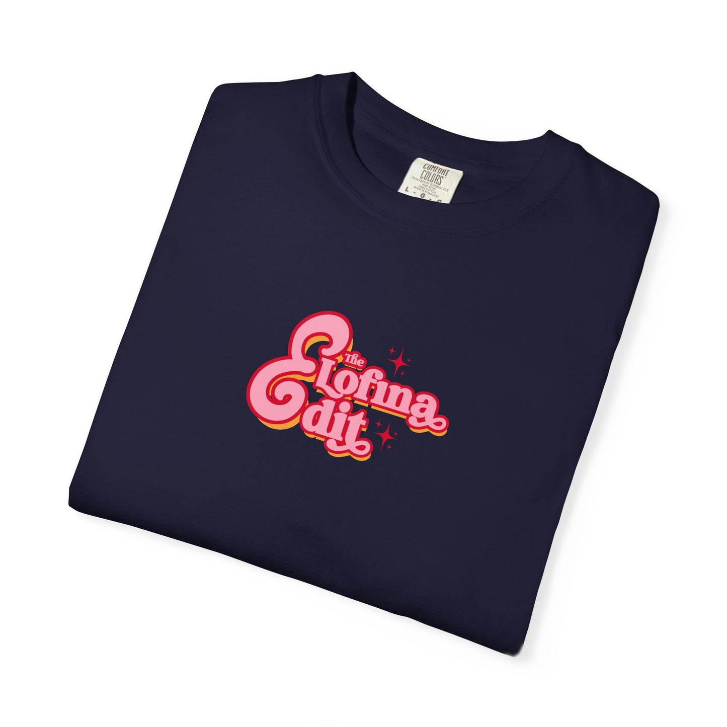 Navy T-shirt with colorful “The Lobina dig” graphic logo, soft cotton blend