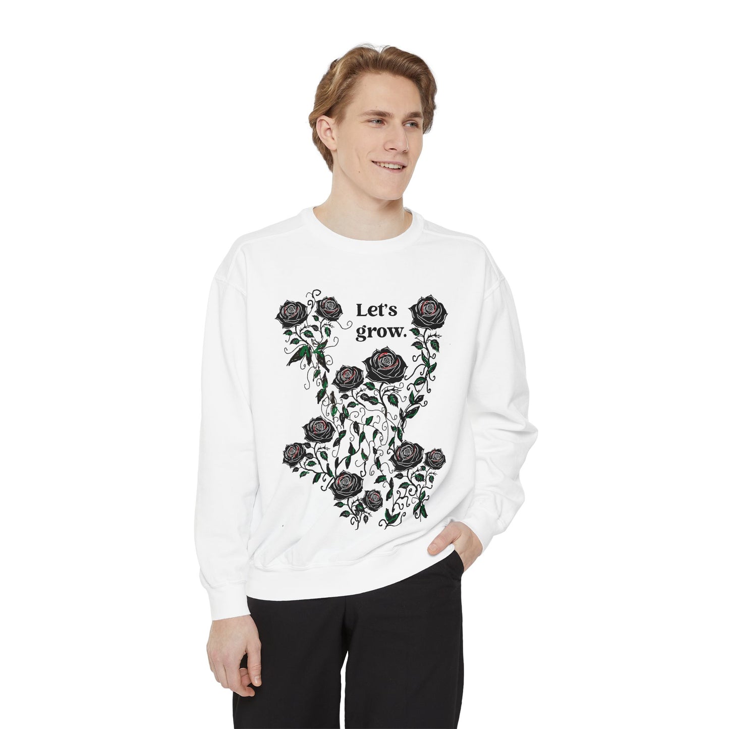 White graphic sweatshirt with black roses and “Let’s grow” print, cotton blend crewneck