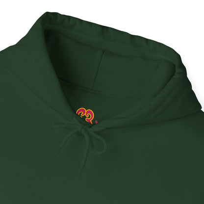 Forest green hoodie hood close-up with “Slut” butterfly logo on neckline