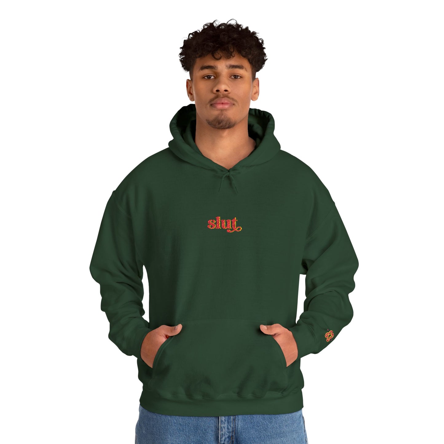 Green hoodie sweatshirt with embroidered Slut text logo, cotton blend fabric