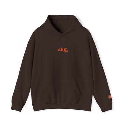Brown Slut hoodie with front pocket, drawstring hood, and embroidered logo in red