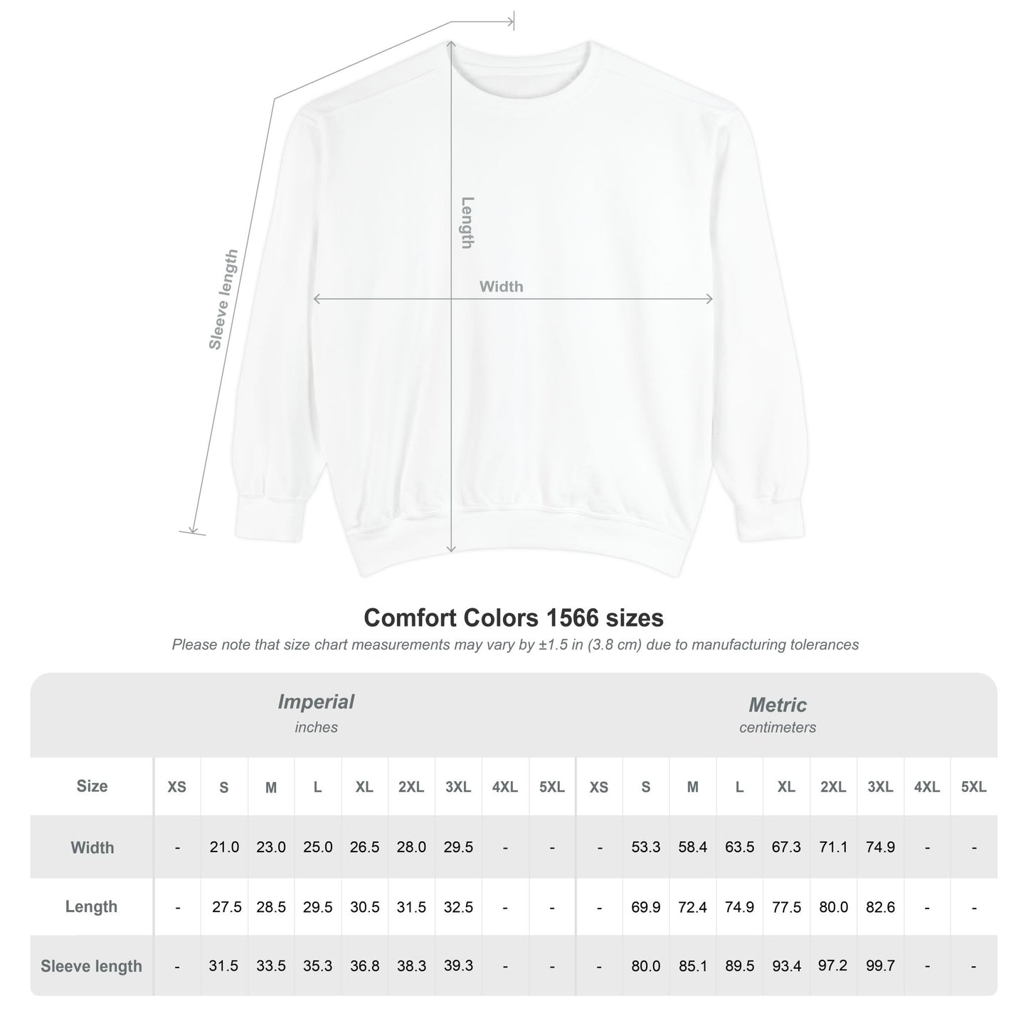 White crewneck sweatshirt size chart graphic, soft cotton-blend long-sleeve pullover
