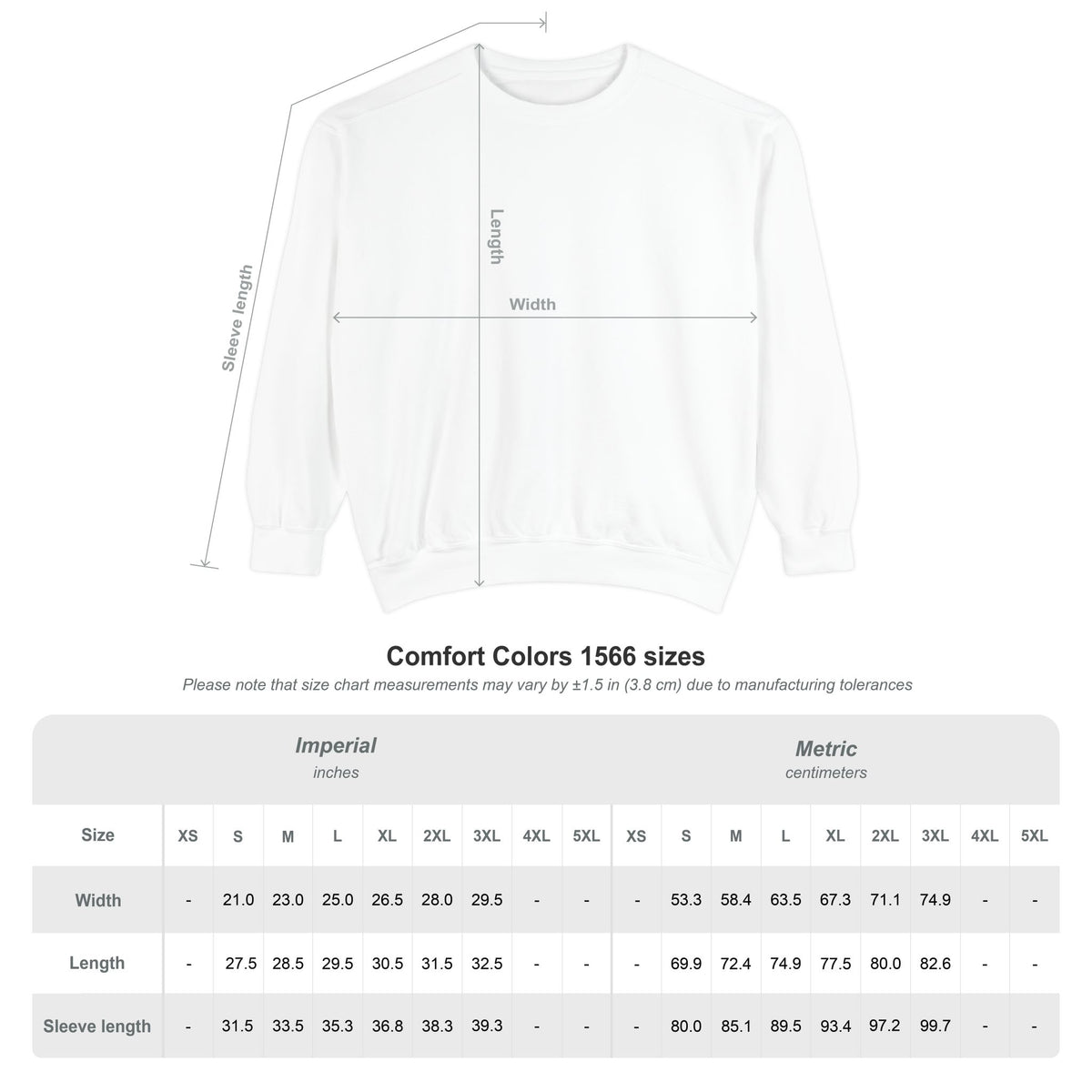 White crewneck sweatshirt size chart graphic, soft cotton-blend long-sleeve pullover