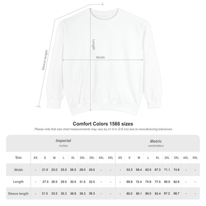 White crewneck sweatshirt size chart graphic, soft cotton-blend long-sleeve pullover