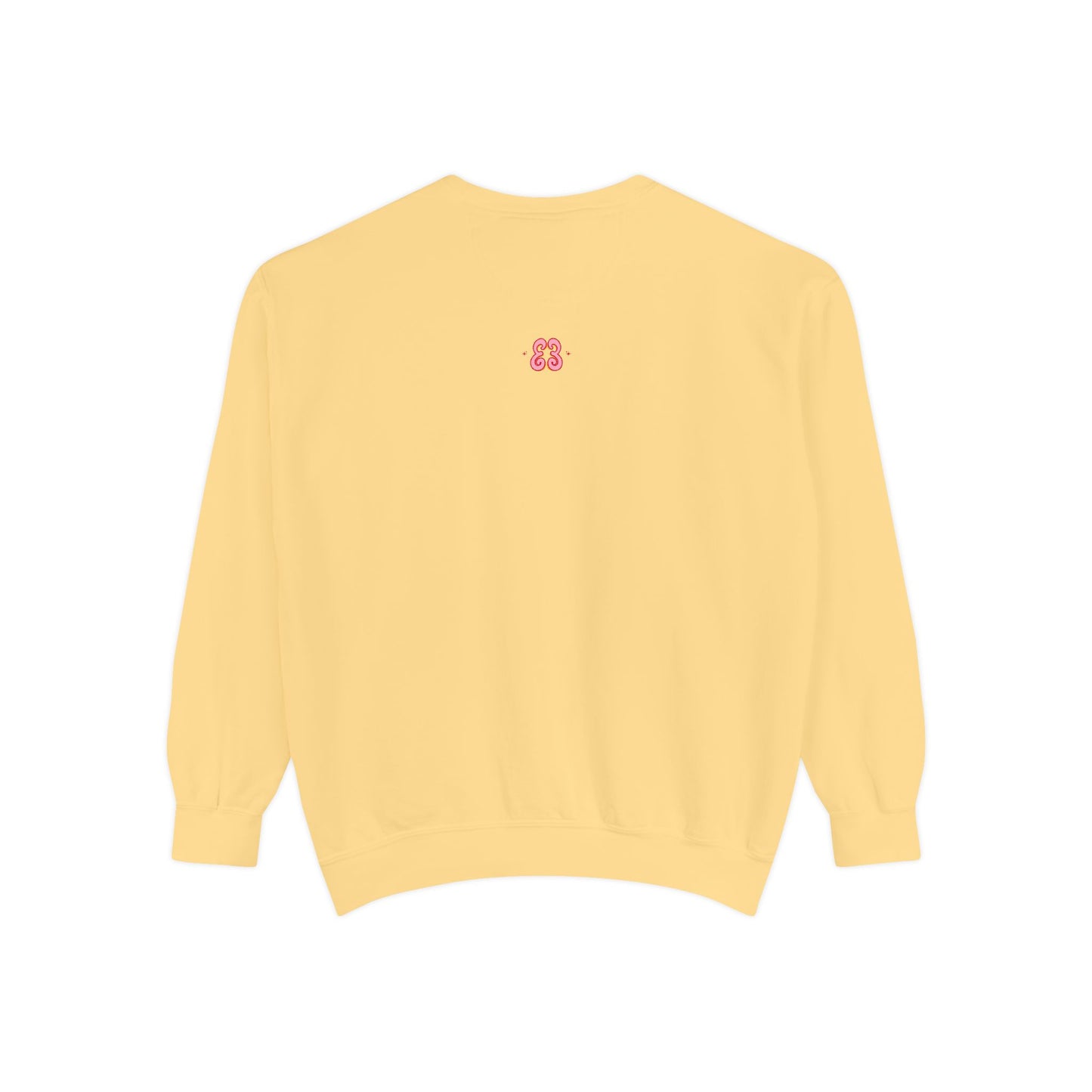 Yellow crewneck sweatshirt with embroidered pink 3-letter monogram, soft cotton blend