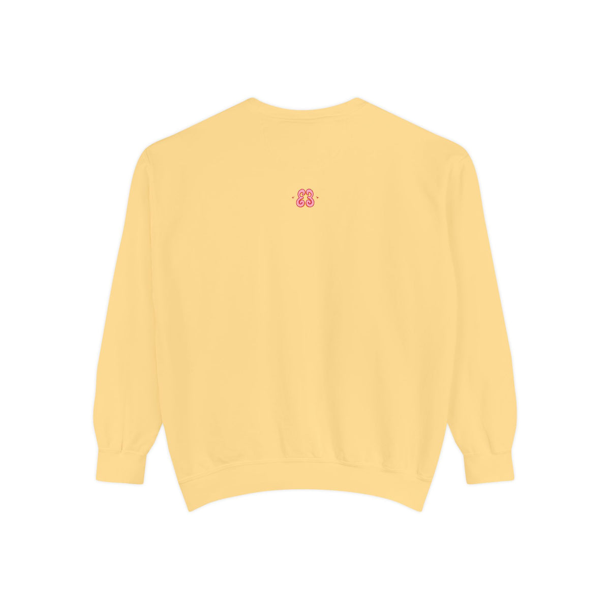 Yellow crewneck sweatshirt with embroidered pink 3-letter monogram, soft cotton blend