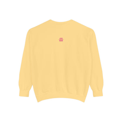 Yellow crewneck sweatshirt with embroidered pink 3-letter monogram, soft cotton blend