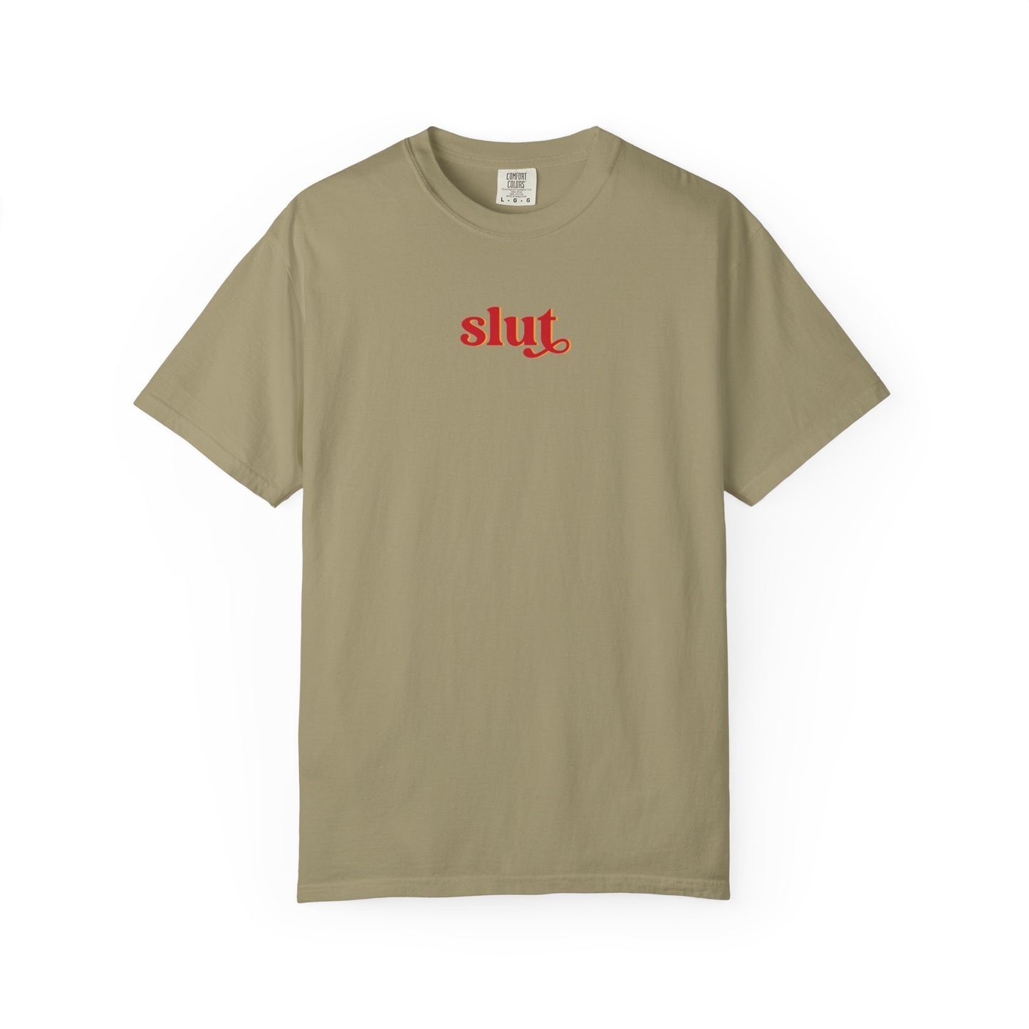 Graphic T-Shirt — Red "slut." Chest Print, Provocative Slogan Comfort Colors Tee