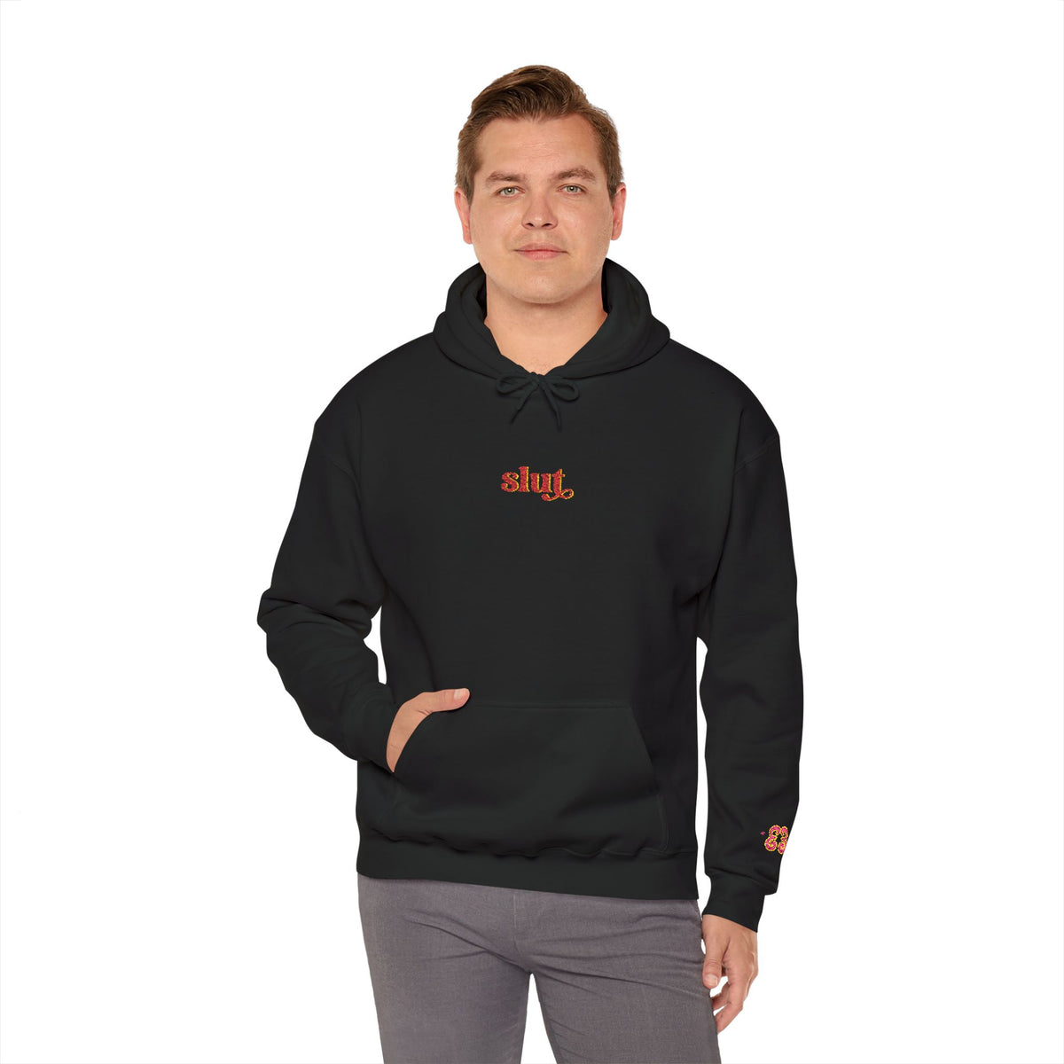Black hoodie sweatshirt in cotton blend with red Slut logo and drawstring hood