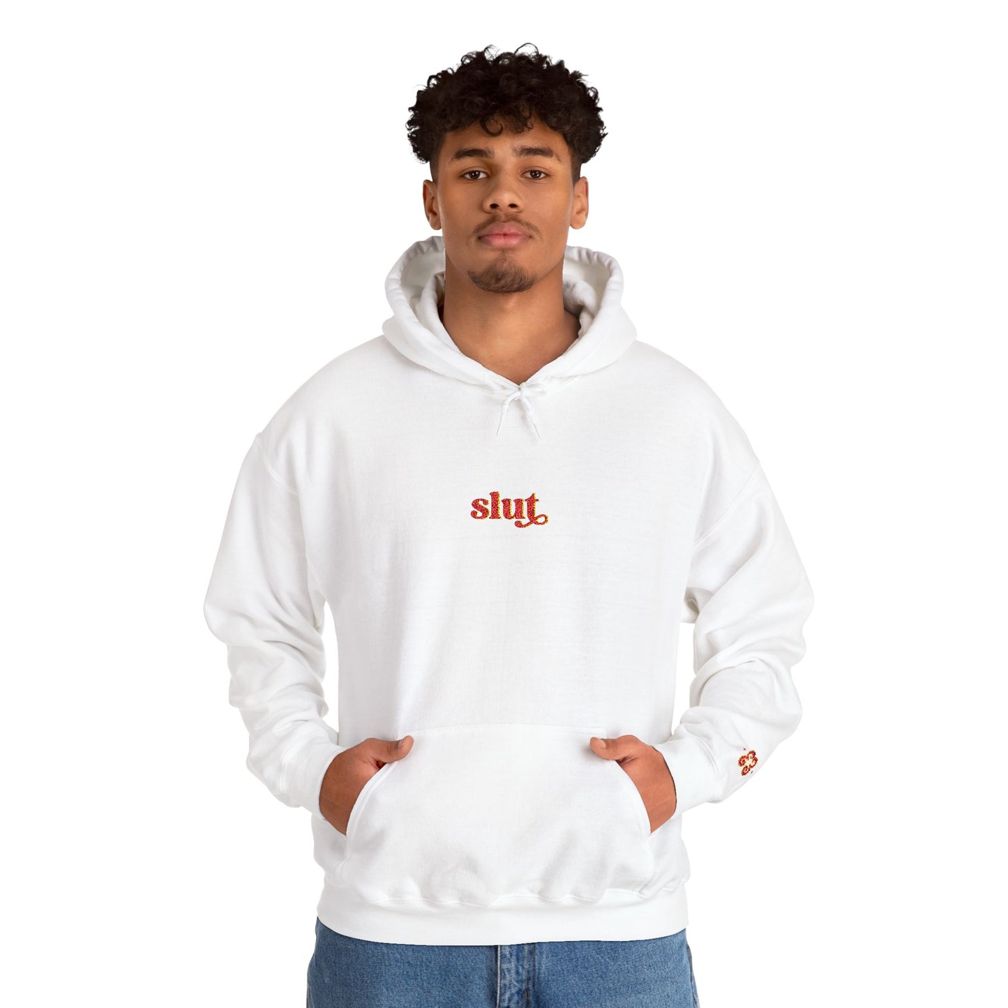 White hoodie sweatshirt in cotton with embroidered “slut” logo at chest