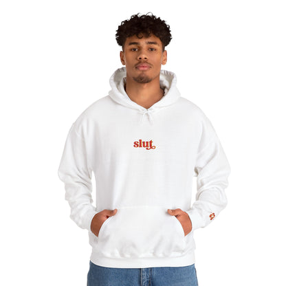 White hoodie sweatshirt in cotton with embroidered “slut” logo at chest