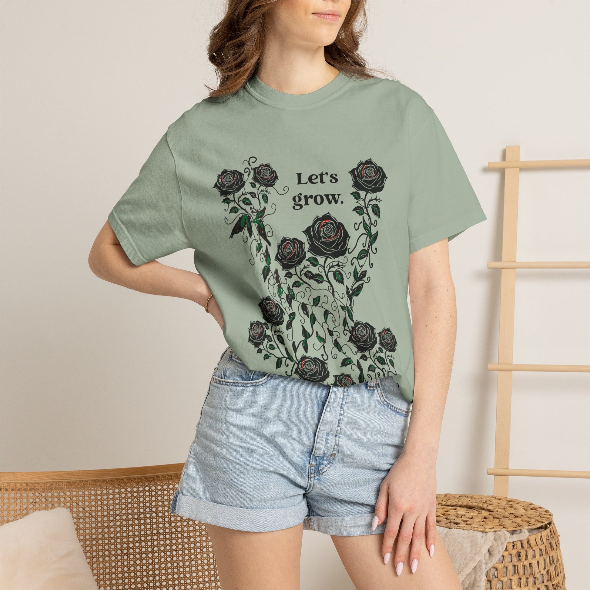 Mint green rose graphic t-shirt with “Let’s grow” slogan, soft cotton blend