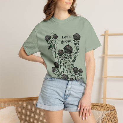 Mint green rose graphic t-shirt with “Let’s grow” slogan, soft cotton blend