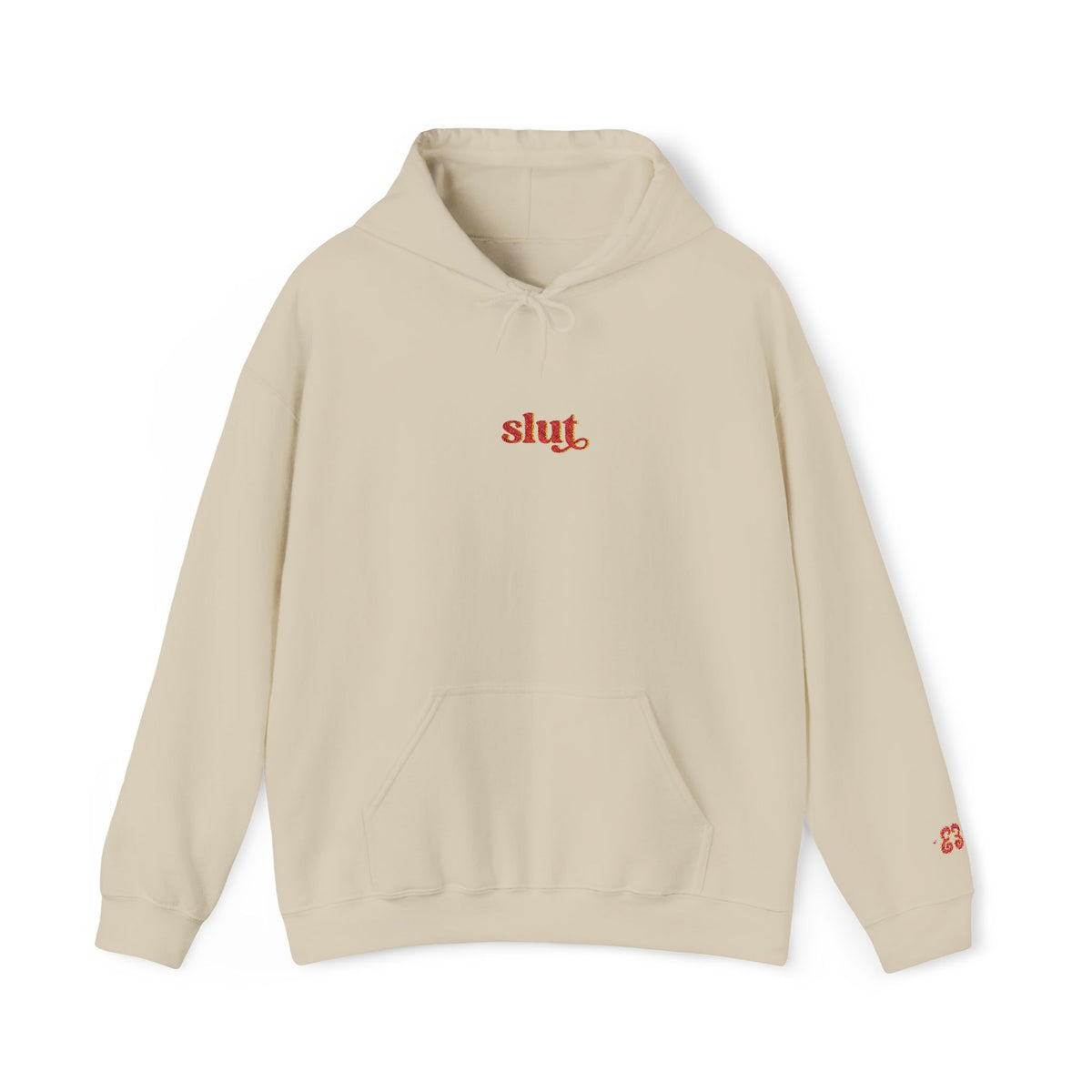 Light beige hoodie with red “slut” graphic logo, cotton blend, pullover with adjustable drawstring