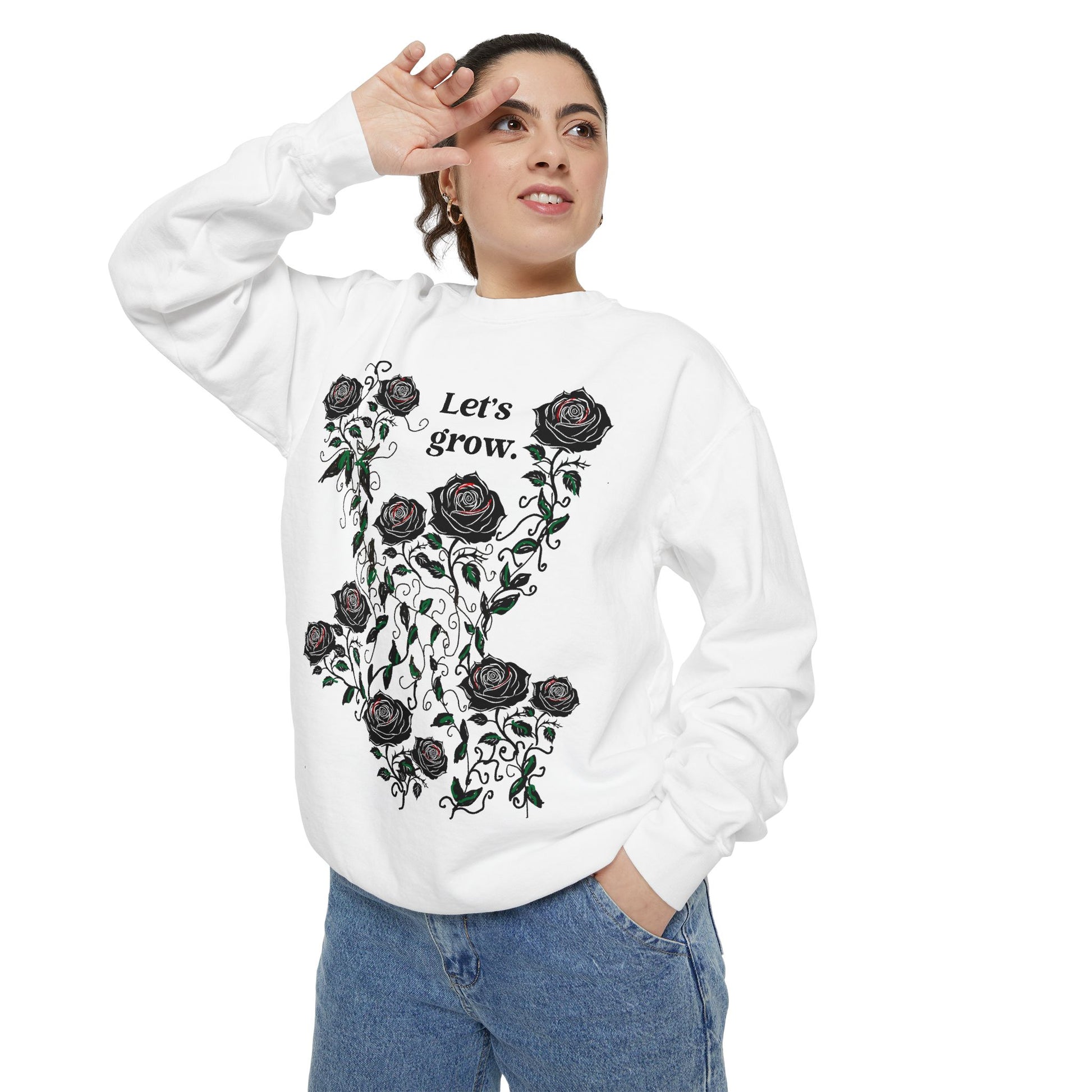 White floral graphic sweatshirt with “Let’s grow” text, soft cotton blend hoodie for women