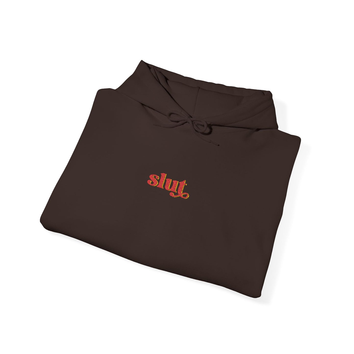 Brown satin hoodie with embroidered graphic and drawstring hood
