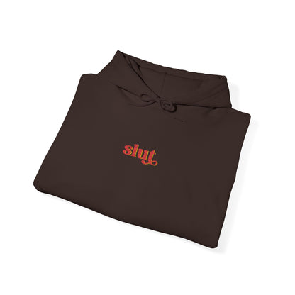 Brown satin hoodie with embroidered graphic and drawstring hood