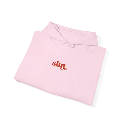 Light pink hoodie folded flat with red script logo on the chest