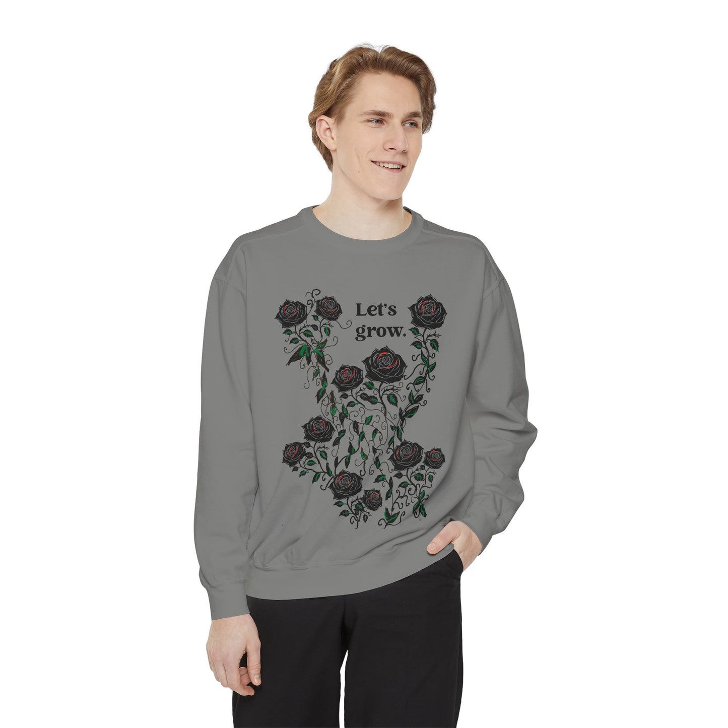 Men’s grey sweatshirt in cotton-blend with rose graphic and “Let’s grow” slogan