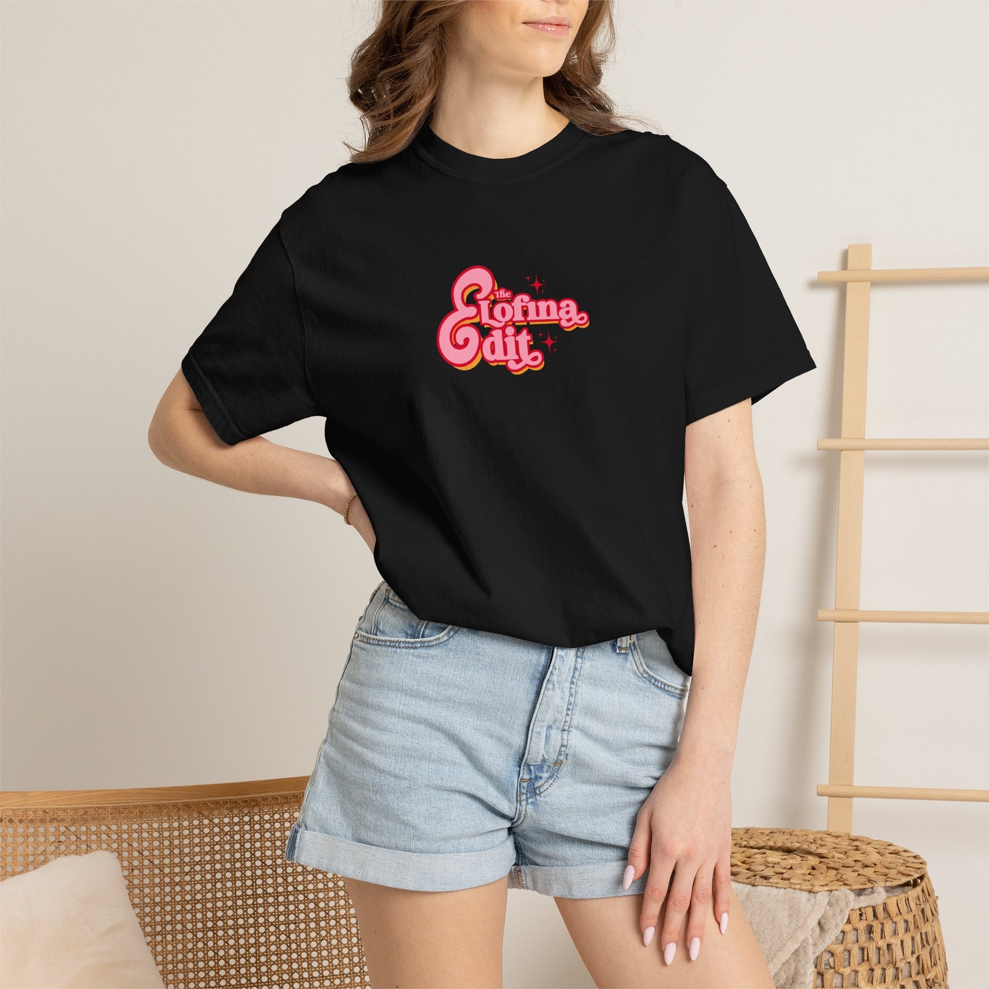 Black T-shirt with colorful “Lofina Edit” logo print, soft cotton blend streetwear