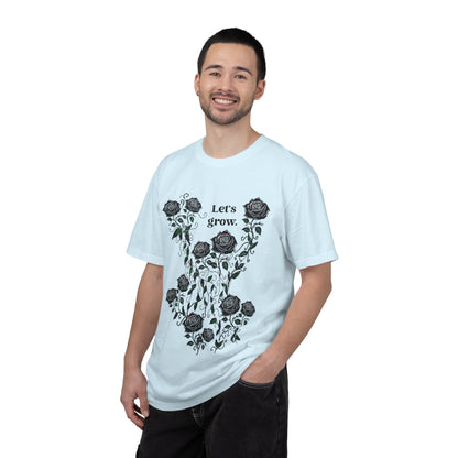 Men's light blue graphic t-shirt with rose floral print and “Let’s grow” slogan, cotton blend