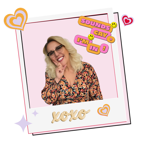 Smiling blonde woman in a floral blouse within a pink Polaroid frame with LGBTQ+ themed stickers.